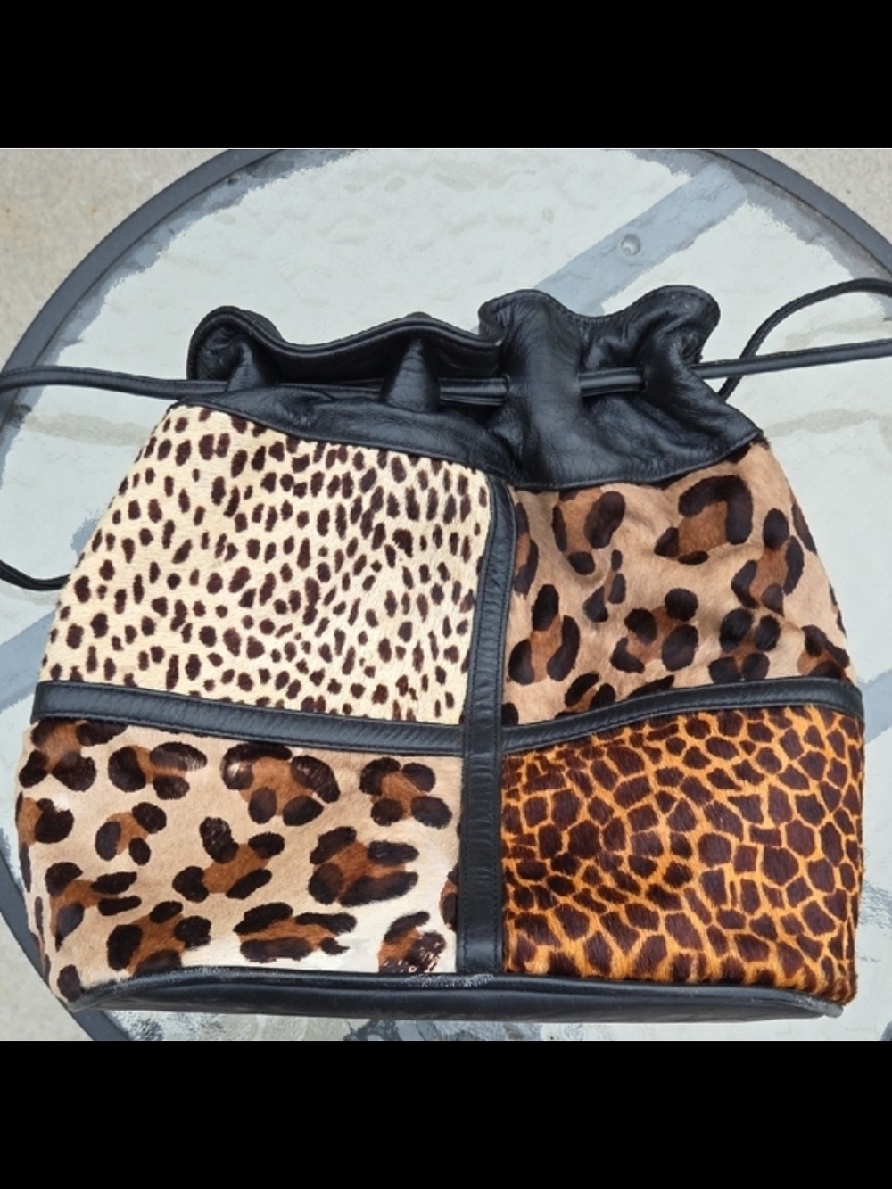 SAMIR Patchwork Leopard Print Drawstring Bucket Bag Leather - Picture 7 of 7